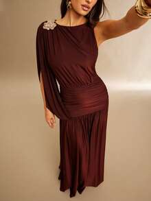 Silquee Burgundy Elegant Summer Dining Dress,Metallic-Embellished A-Line Stretch Knit Pleated Maxi,Draped Sleeve Flowing Gown For Party Bridesmaid Valentine - Coffee - View 5