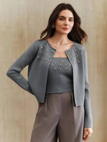 Anewsta Women's Fashionable & Elegant Beaded Rhinestone Knit Cardigan Set - Grey - View 7