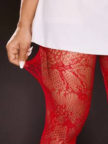 SHEIN ICON Women's Fashionable Sexy Fishnet Pantyhose, Suitable For Pairing With Dresses - Red - View 4