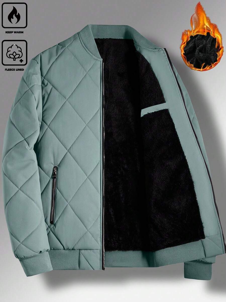 Manfinity Homme Áo khoác chần bông cổ bóng chày mùa đông có khóa kéo cho nam - Màu xanh bạc hà - Xem 1