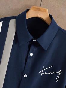 Manfinity Homme 男士字母印花条纹长袖衬衫和长裤休闲套装，蓝白配色，适合男士俱乐部、夜店等场合，男女皆宜。这款两件套休闲套装，风格经典，适合日常休闲、周末旅行、户外活动、探险旅行、轻松的工作环境或半正式场合，也是送给男友/丈夫、周年纪念/生日、派对、圣诞节、新年、婚礼等场合的理想之选。 - 彩色 - 查看 4