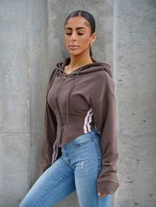 SAYEHFBABY 灯笼袖撞色滚边收腰连帽运动衫休闲装、机场装、家居服、返校装、秋季圣诞休闲装冬季 - 棕色 - 查看 4