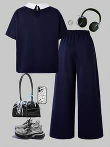 SHEIN Chelsea Crush 女童两件套：短袖T恤，衬衫领，蕾丝花边装饰，卡通印花；针织阔腿裤，蕾丝花边，字母数字印花，学院风，适合春夏休闲、返校、运动、度假等场合。 - 藏蓝色 - 查看 3