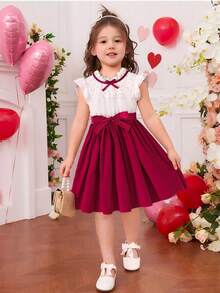 Elladie kids 女童甜美蕾丝拼接荷叶边蝴蝶结装饰袖口缎带腰身中长连衣裙，正式通勤风格，夏季新品 - 彩色 - 查看 7