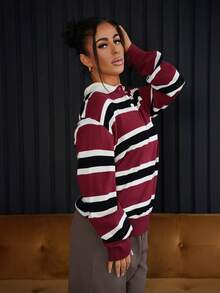 SAYEHFBABY Pull ample à col roulé rayé rouge de Noël, manches longues, vêtements d'automne pour femmes - Rouge foncé - Voir 6