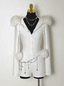 SHEIN DivaQ 女士白色人造毛皮连帽连体衣 - 白色 - 查看 3