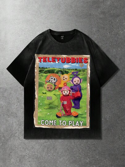 Teletubbies X ROMWE Men's Casual Cute Cartoon Pattern Round Neck Short Sleeve T-Shirt, Summer