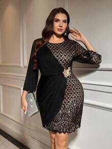 Reflora 大码优雅派对蕾丝拼布裹身裙 - 黑色 - 查看 7