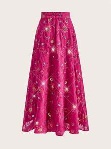 Ellevyn Women's New Elegant High-End Heavy Beaded Embroidered A-Line Skirt, Suitable For Daily, Party And Multiple Occasions - Hot Pink - View 2