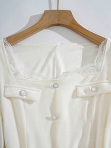 GlowEve Women's Solid Color Button Design Contrast Lace Square Collar Long Sleeve Elegant Dress - Beige - View 3