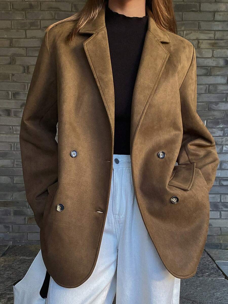 DAZY Women's Solid Color Notched Collar Double-Breasted Fashionable Versatile Blazer - Brown - View 1