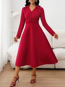 SHEIN Lady Elegant Commuter Solid Color Waist Cinched Burgundy Dress - Burgundy - View 1