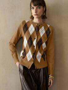 Revavyn Áo len cardigan cổ tròn tay dài họa tiết khối màu Argyle ôm sát dành cho nữ, mặc đi làm thường ngày - màu nâu - Xem 1