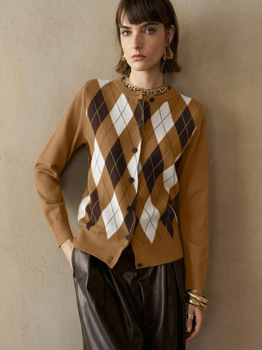 Revavyn Áo len cardigan cổ tròn tay dài họa tiết khối màu Argyle ôm sát dành cho nữ, mặc đi làm thường ngày - màu nâu - Xem 1