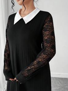 SHEIN Elenzya Vestido elegante de manga larga con bloque de color y parches de encaje para tallas grandes - Negro - Ver 4