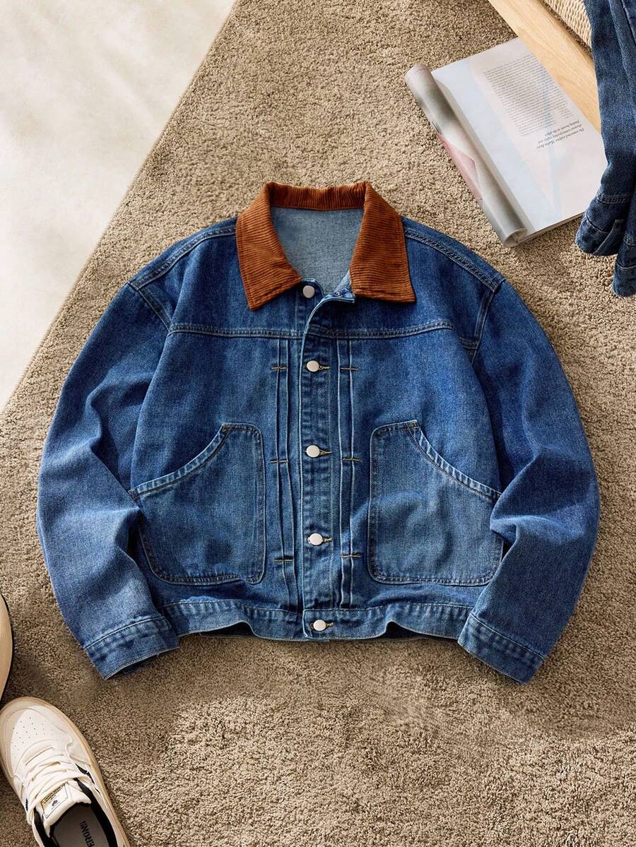 SWAVVY 男士纯色休闲长袖牛仔夹克 - 藍色 - 查看 1