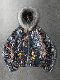 Men's Drop Shoulder Floral Print Hooded Jacket With Zipper Pockets And Fur Collar