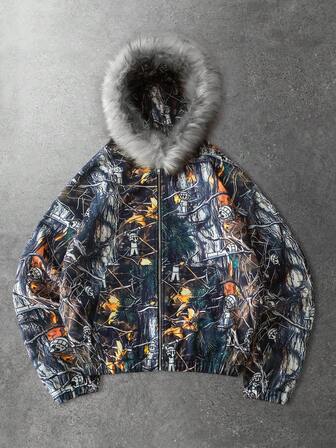 Chaqueta con capucha con estampado floral, bolsillos con cremallera y cuello de piel para hombres