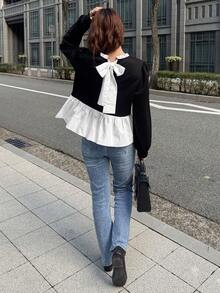 FRIFUL 女士撞色领口荷叶边装饰、后背蝴蝶结系带、腰部褶裥休闲宽松百搭T恤，秋冬款 - 黑色 - 查看 2