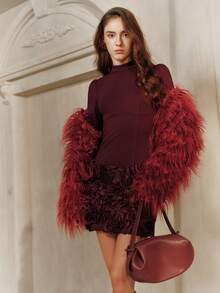 Anewsta Savoree 春季新款优雅花卉拼接长袖修身连衣裙，酒红色，适合派对和鸡尾酒会 - 酒紅色 - 查看 7