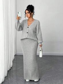 Elenzga Plus Size Solid V-Neck Button Front Long Sleeve Cardigan & Skirt 2 Pieces Set - Light Grey - View 1