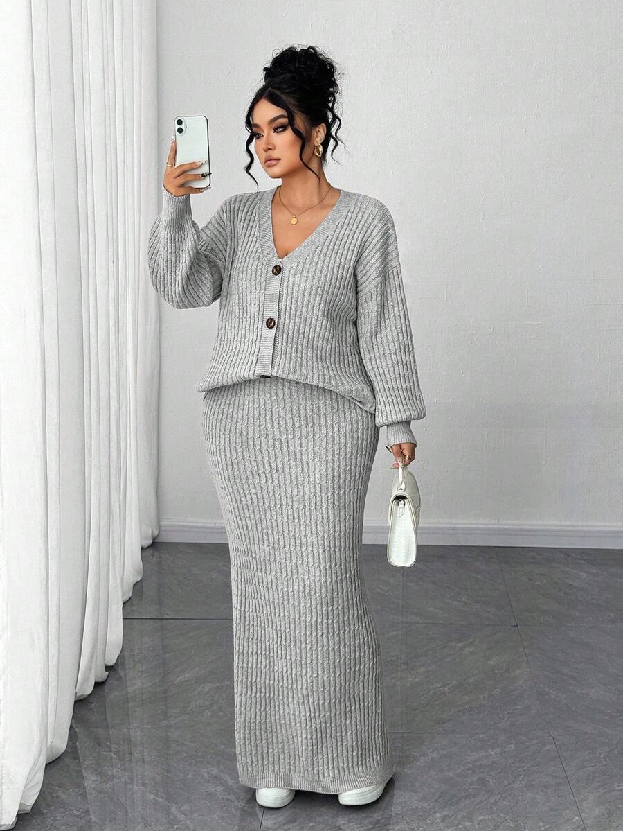 Elenzga Plus Size Solid V-Neck Button Front Long Sleeve Cardigan & Skirt 2 Pieces Set - Light Grey - View 1