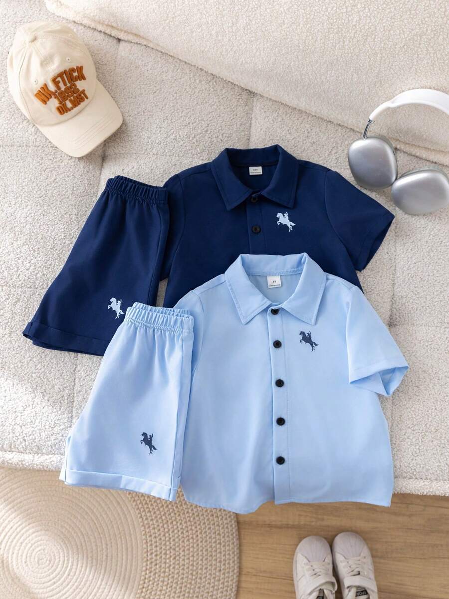 SHEIN 4件套男童休闲学院风蓝白撞色动物纹针织Polo衫短袖开衫和松紧腰短裤，适合度假、外出、居家、上学等场合。 - 彩色 - 查看 1