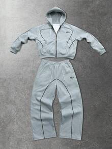 ROMWE MEN Prep Men Letter Graphic Zip Up Hoodie & Pants Set - Grey - View 1