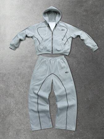 Street Life Men Letter Graphic Zip Up Hoodie & Pants Set