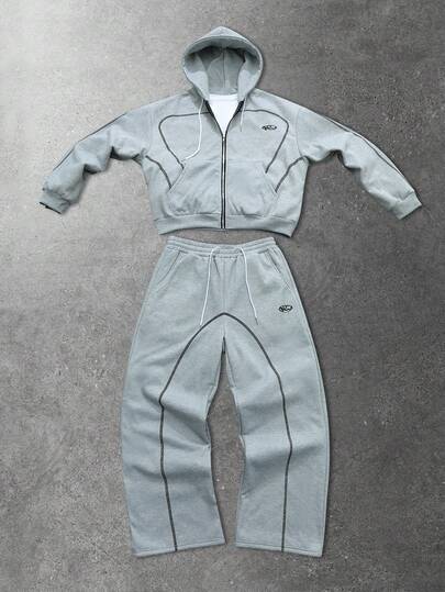 Street Life Men Letter Graphic Zip Up Hoodie & Pants Set