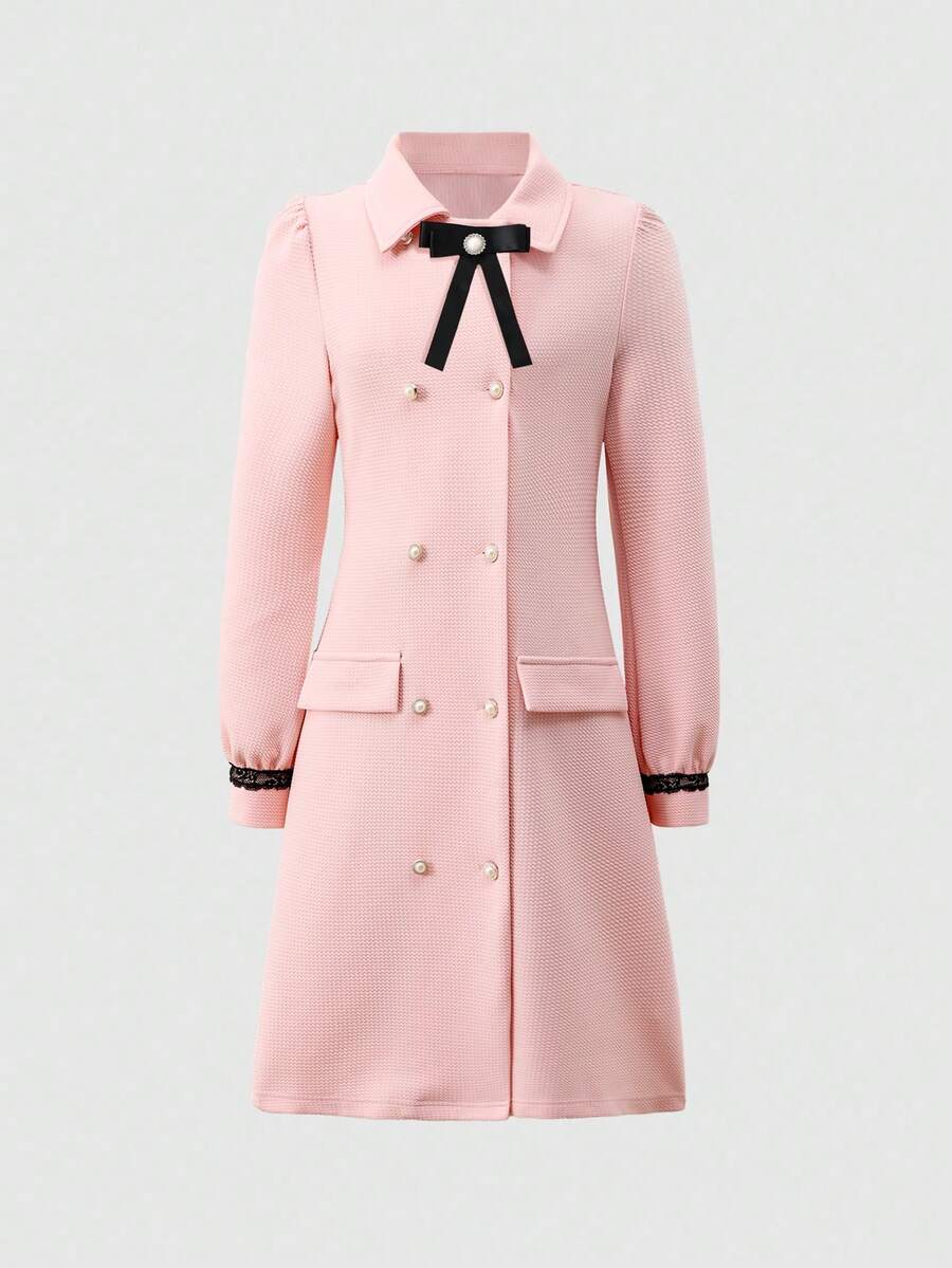 1pc Girls Jacquard Knit Dress With Detachable Black Bow Collar, Casual & Fashionable For Daily Wear, Suitable For All Seasons - Pink - View 1