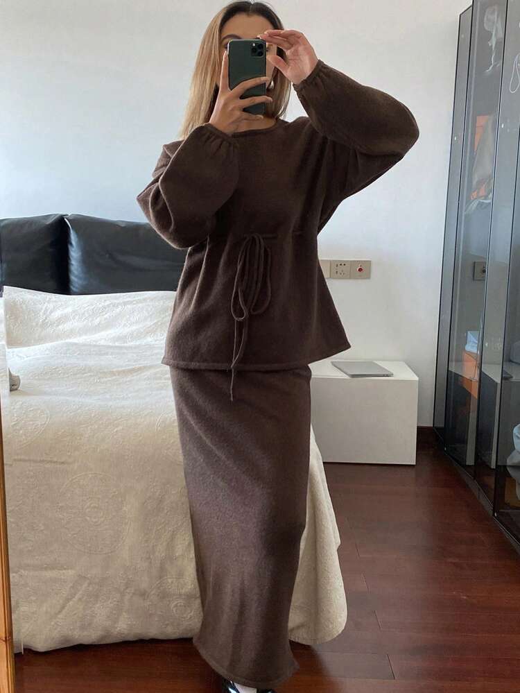 Women's Solid Color Knotted Long Sleeve Top And Pants Casual Sweater 2-Piece Set