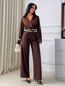 EURMUSE Women's Casual Everyday Office Commute Contrast Striped Waist Fold Pleated Loose Wide Leg Pants, Brown Wide-Leg Pants, High-Waist Brown Trousers, Tailored Wide-Leg Trousers, Women's Dress Pants Brown, Chocolate Brown Palazzo Pants, Office To Evening Trousers, Workwear Wide-Leg Pants, Elegant Brown Pants For Women, Belt-Detail High-Waist Trousers, Formal Wide-Leg Dress Pants, Long-Leg Trousers For Women, Professional Brown Pants, Buy Brown Trousers Online, Shop Tailored Wide-Leg Pants, - Multicolor - View 2