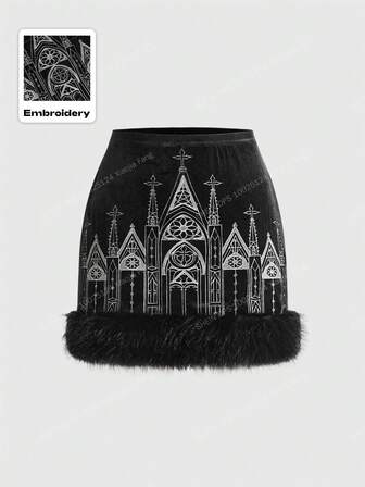 Vintage Gothic Castle Cross Embroidered Velvet Bodycon Fluffy Mini Skirt