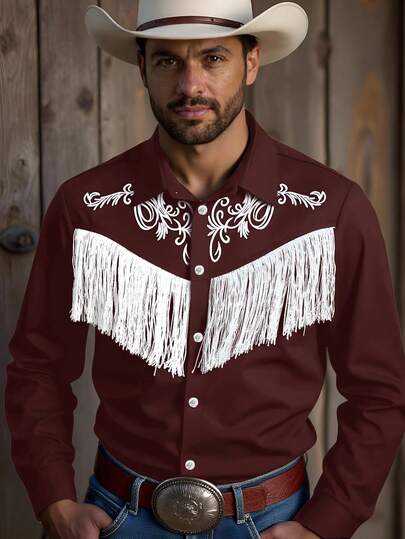 Manfinity Nomadique Men's Casual Western Style Fringe Decor Print Shirt