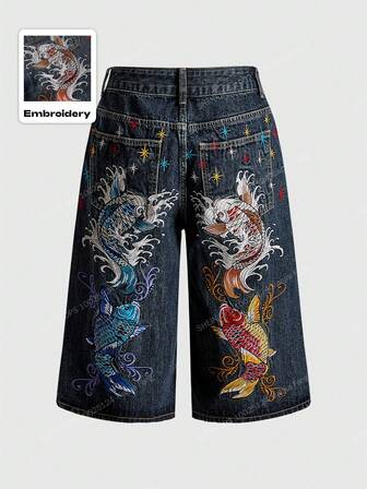 J-Fashion Jeans amples et évasés unisexes à broderie florale de carpe, style rétro hip-hop