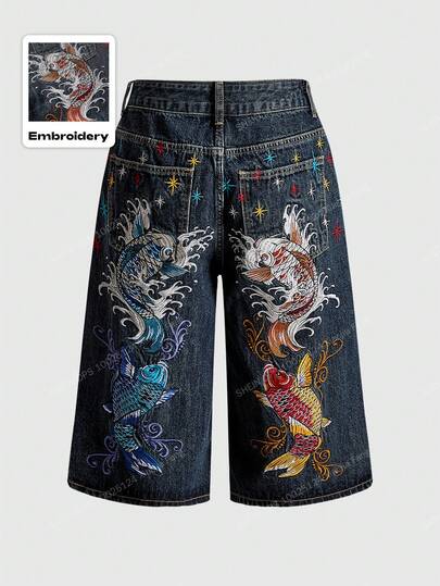 J-Fashion Jeans amples et évasés unisexes à broderie florale de carpe, style rétro hip-hop