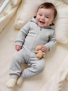 SHEIN Baby Boys' Plaid Hooded Jumpsuit, Autumn/Winter Zipper Design Thick Warm Outerwear Jumpsuit, New Arrival - Grey - View 1