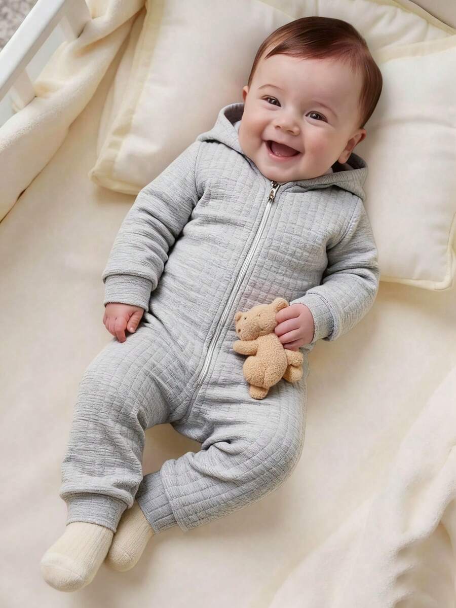 SHEIN Baby Boys' Plaid Hooded Jumpsuit, Autumn/Winter Zipper Design Thick Warm Outerwear Jumpsuit, New Arrival - Grey - View 1