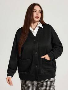 Enliva 加大码黑色宽松卫衣外套，带纽扣细节和口袋，长袖，女士秋冬大衣，CURVE PLUS - 黑色 - 查看 3