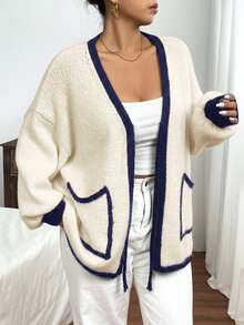 SHEIN Frenchy Plus Size Casual Colorblock Drawstring Cardigan Sweater In Fall/Winter - Apricot - View 3