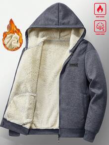 Manfinity Homme 男士連帽保暖內裡夾克，秋冬保暖毛絨內裡針織，拉鍊連帽衫，適合休閒、戶外活動，送給男友的禮物 - 灰色 - 查看 3