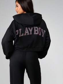 Missguided x Playboy Oversized Crop Voll-Reißverschluss Kapuzenpullover mit Strass-Hasen-Logo und Rücken-Text-Detail für lässigen Streetwear-Stil - Schwarz - Übersicht 2