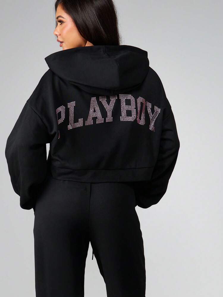 Missguided x Playboy ラインストーンバニーロゴとバックテキストディテールのオーバーサイズクロップフルジップパーカー カジュアルストリートウェア