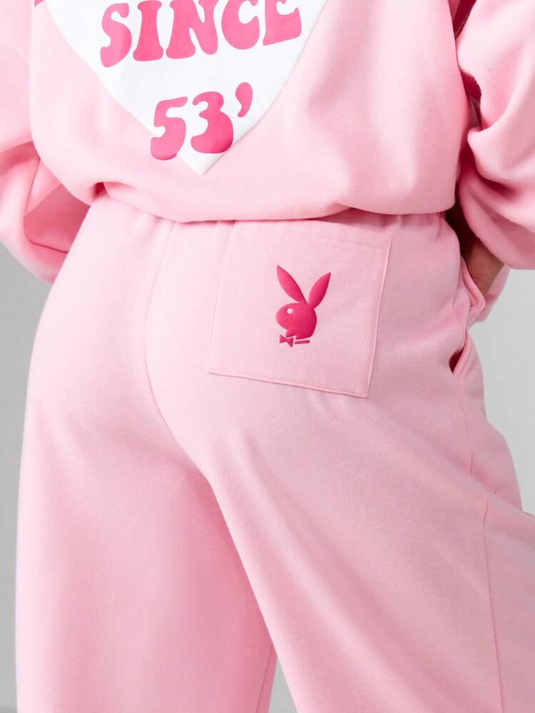 Missguided x Playboy Oversized Heart Graphic Joggers Sweatpants With Side Pockets Casual Lounge Pants Wide Leg Drawstring Waistband Fall Winter Comfort Wear