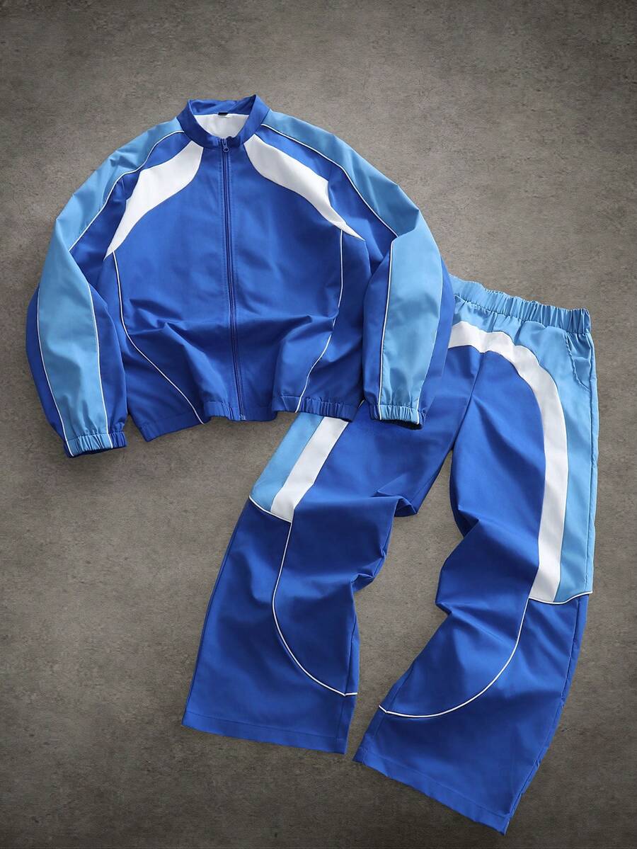 PAVTROS Bộ áo khoác nam phối màu, áo khoác cardigan cổ đứng, dáng rộng, họa tiết chắp vá màu xanh - Màu xanh lam - Xem 1