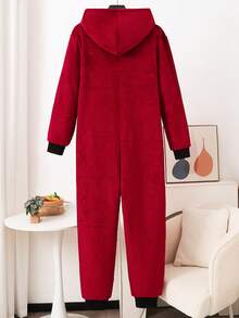 Men's Spider Embroidery Burgundy Plush Jumpsuit Loungewear - Burgundy - View 2