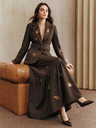 Anewsta 2 Stück/Set eleganter Partykleidung, kaffeebraune bestickter Blazer Jacke mit Perlen & hochgeschnittener A-Linien Rock, geeignet für Herbst/Winter, Neujahr, Thanksgiving