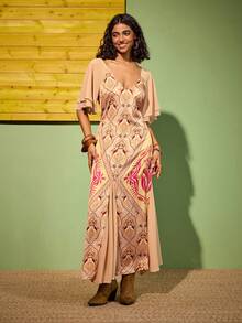 Felipe Marques Váy ngắn cổ chữ V sâu in họa tiết hoa và chim gợi cảm dành cho nữ, thích hợp mặc dự tiệc, dạ hội, đi nghỉ, thường ngày vào mùa thu/đông - Màu Khaki - Xem 3