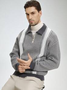 Manfinity CityGents 男士格子条纹长袖拉链 Polo 领休闲毛衣，秋冬 - 彩色 - 查看 1